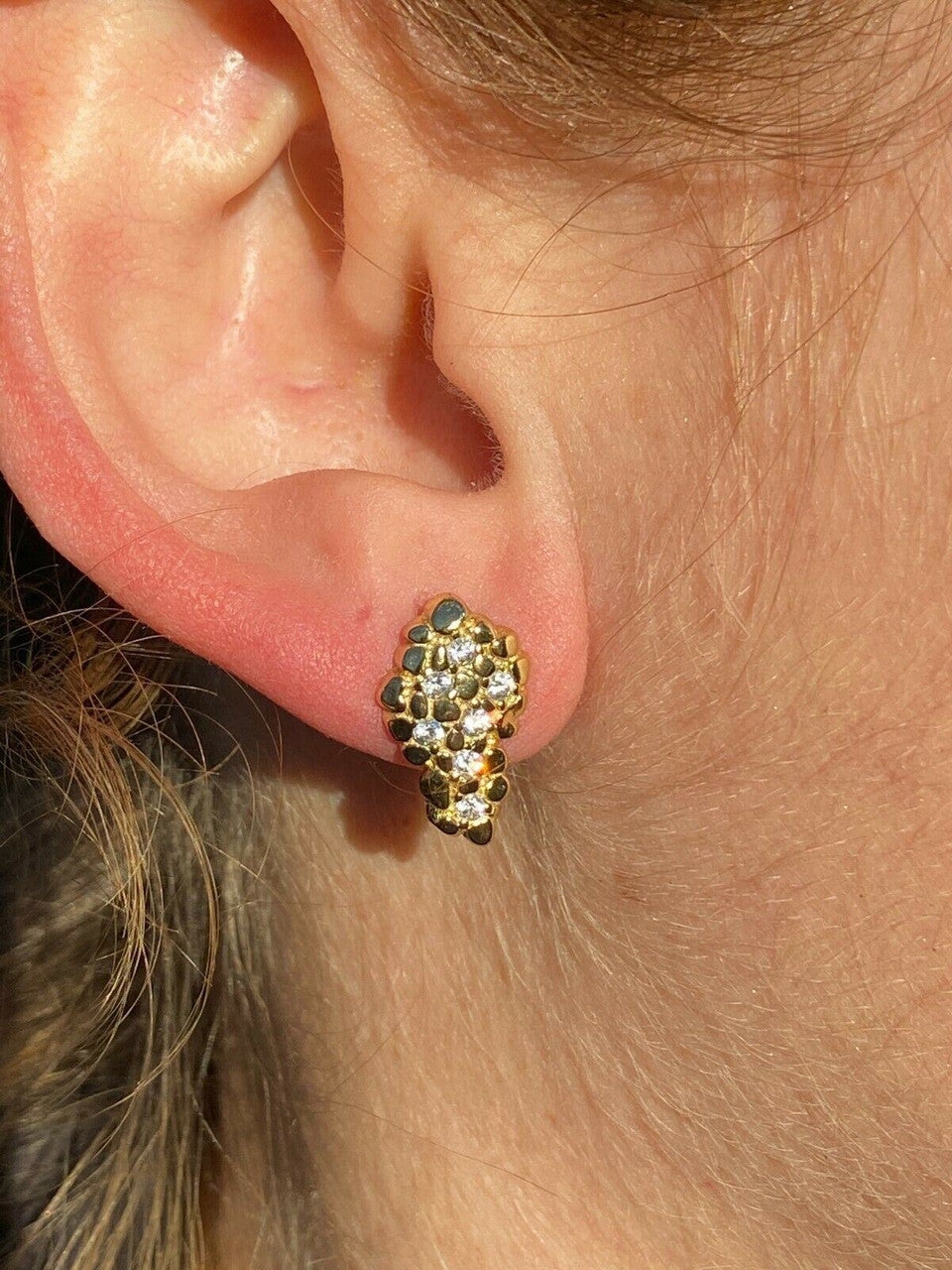 HarlemBling Mens Real Solid 925 Sterling Silver and 14k Gold Nugget Earrings Large Iced Studs