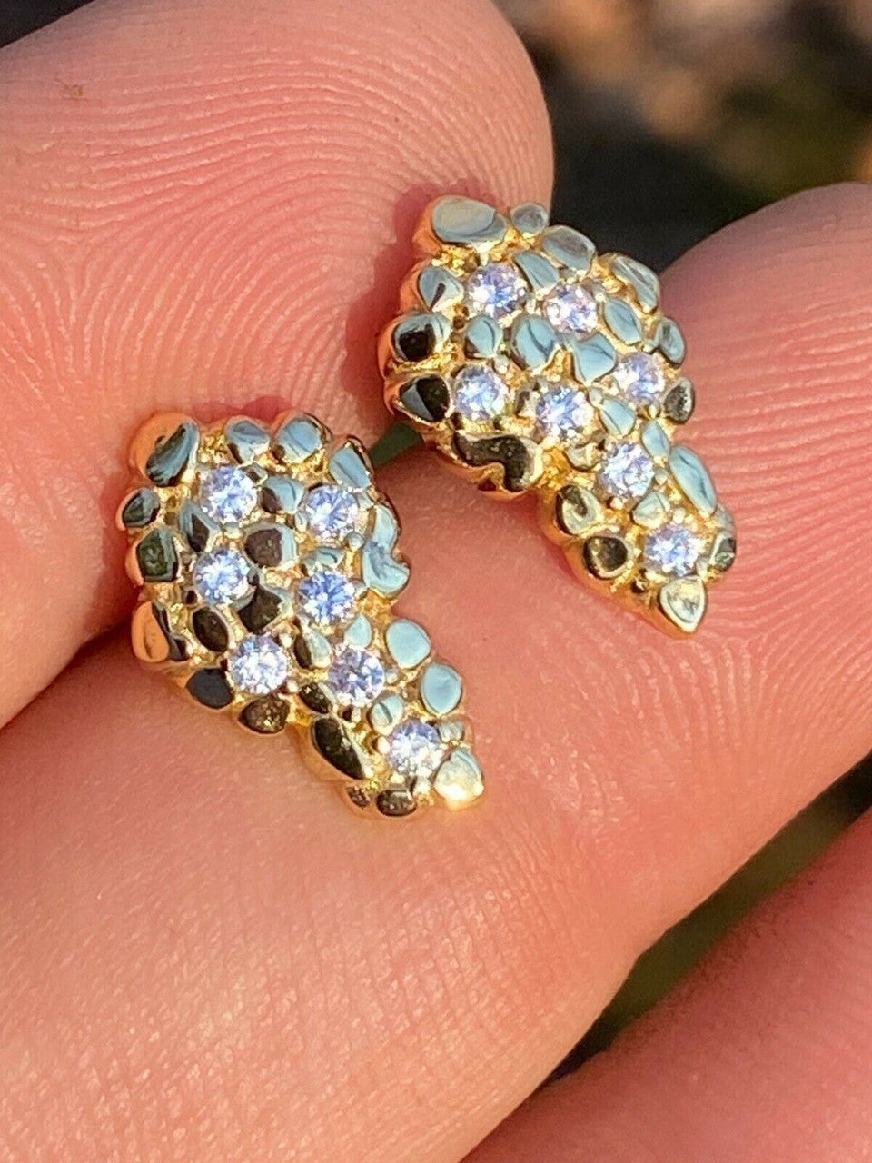 HarlemBling Mens Real Solid 925 Sterling Silver and 14k Gold Nugget Earrings Large Iced Studs