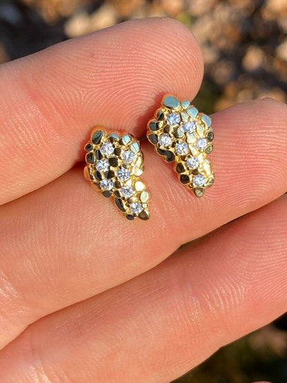 HarlemBling Mens Real Solid 925 Sterling Silver and 14k Gold Nugget Earrings Large Iced Studs