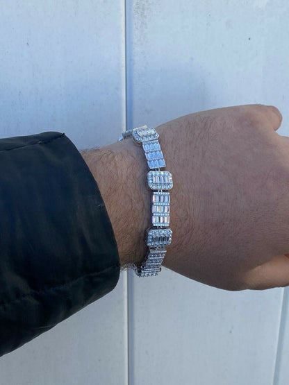 HarlemBling Mens Real Solid 925 Sterling Silver Baguette Bracelet Iced Diamond Flooded Out