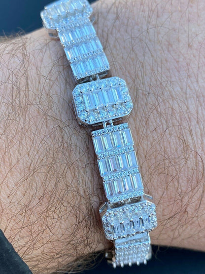 HarlemBling Mens Real Solid 925 Sterling Silver Baguette Bracelet Iced Diamond Flooded Out