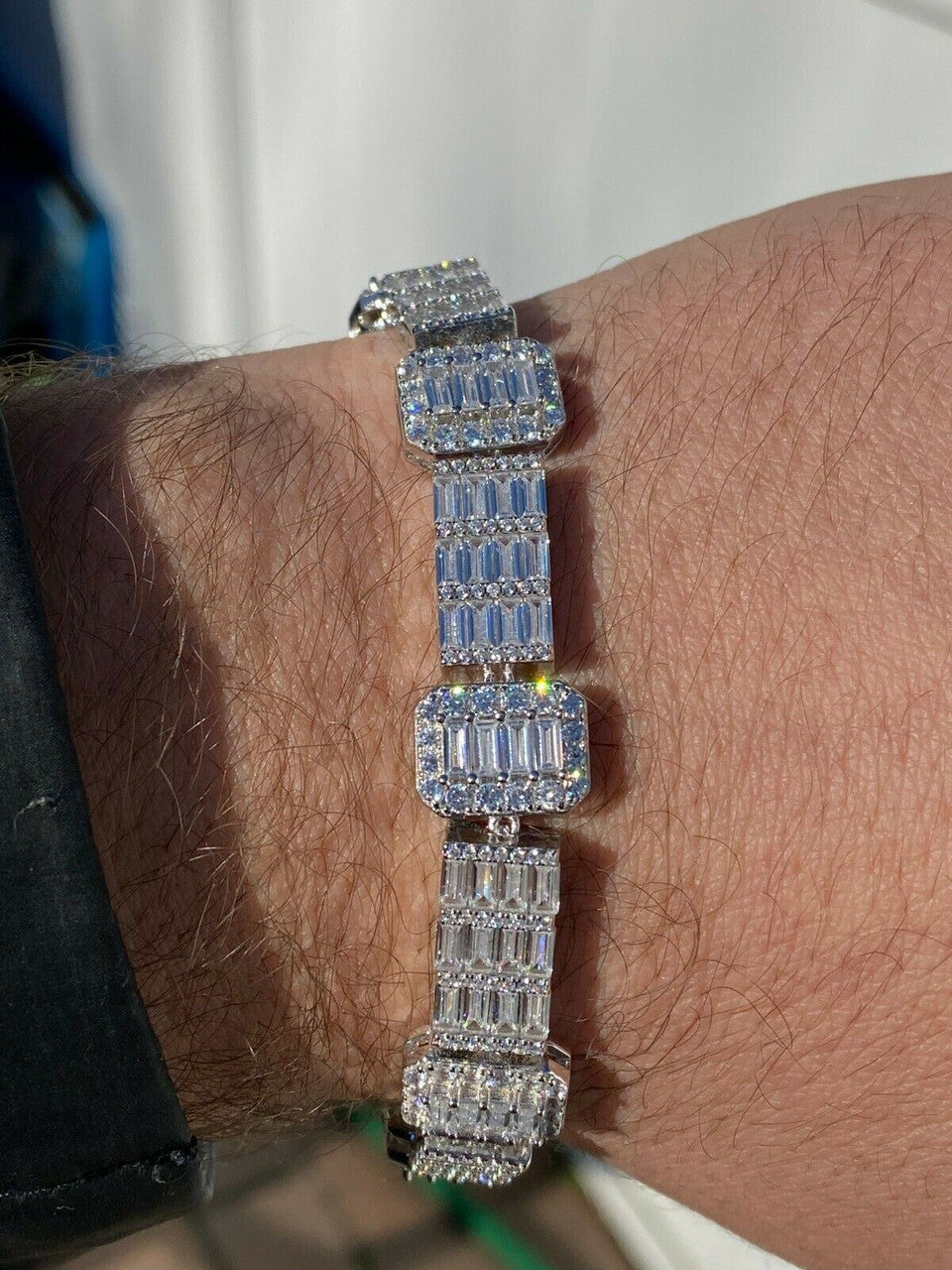 HarlemBling Mens Real Solid 925 Sterling Silver Baguette Bracelet Iced Diamond Flooded Out