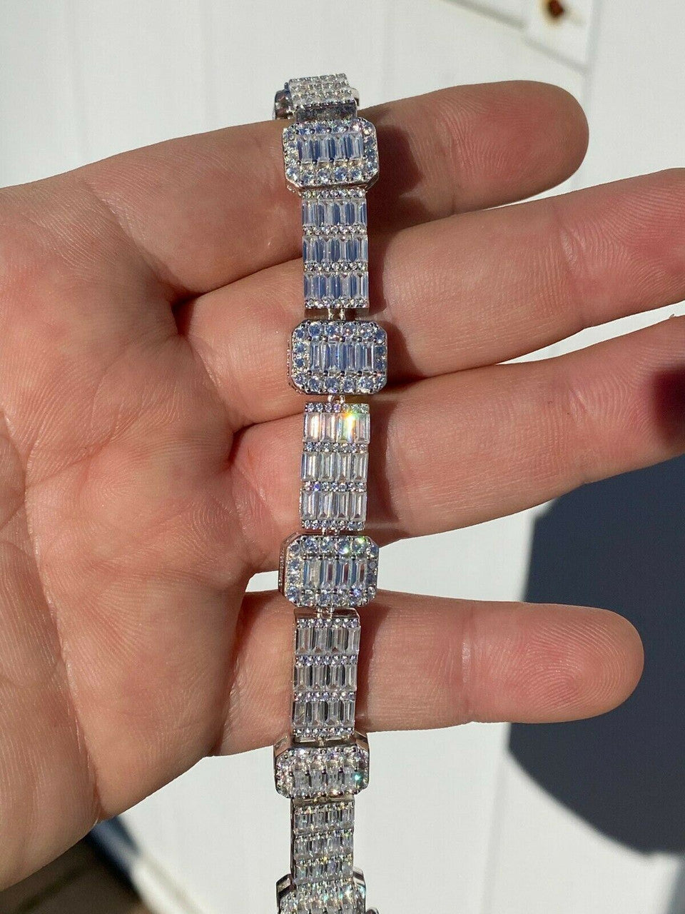 HarlemBling Mens Real Solid 925 Sterling Silver Baguette Bracelet Iced Diamond Flooded Out