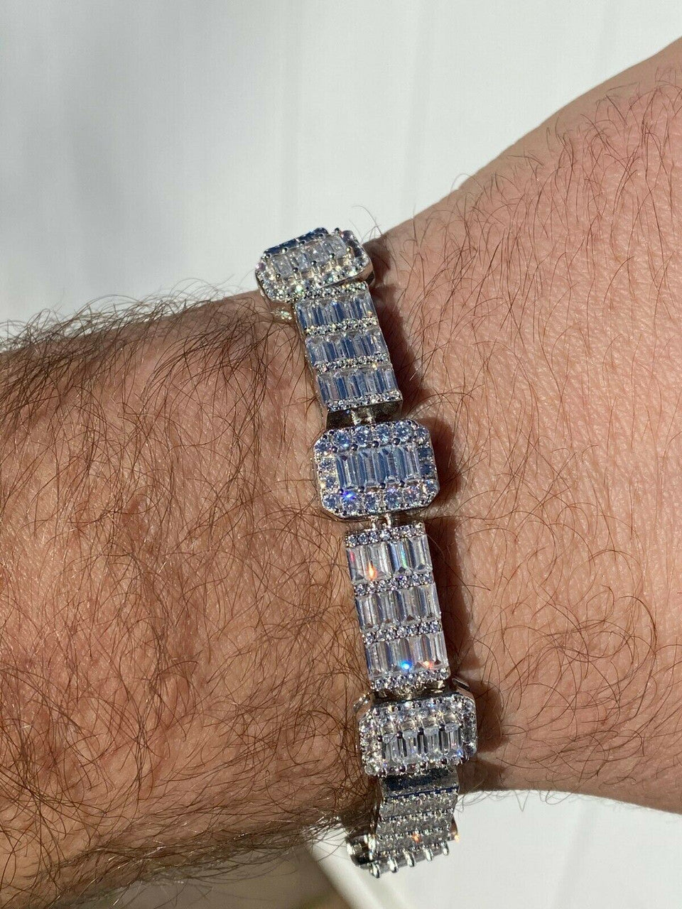 HarlemBling Mens Real Solid 925 Sterling Silver Baguette Bracelet Iced Diamond Flooded Out
