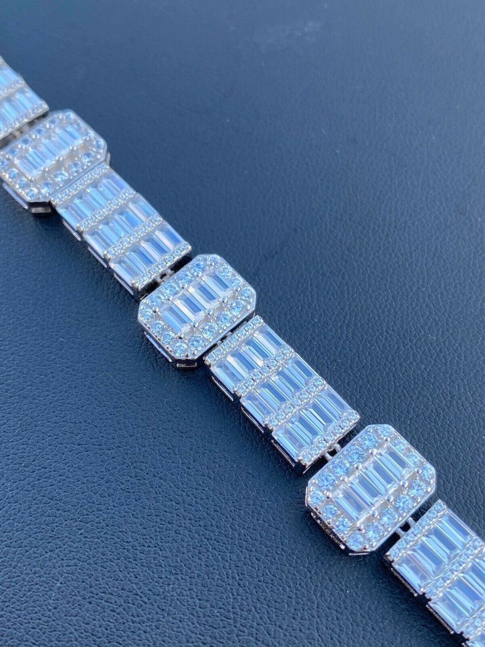 HarlemBling Mens Real Solid 925 Sterling Silver Baguette Bracelet Iced Diamond Flooded Out