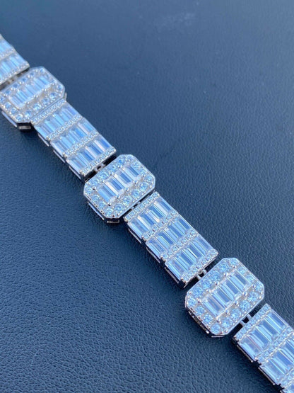 HarlemBling Mens Real Solid 925 Sterling Silver Baguette Bracelet Iced Diamond Flooded Out