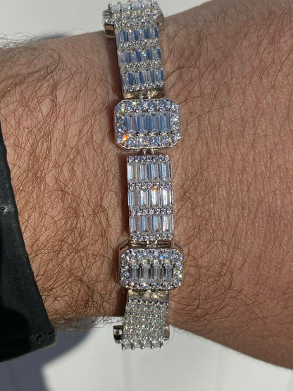 HarlemBling Mens Real Solid 925 Sterling Silver Baguette Bracelet Iced Diamond Flooded Out