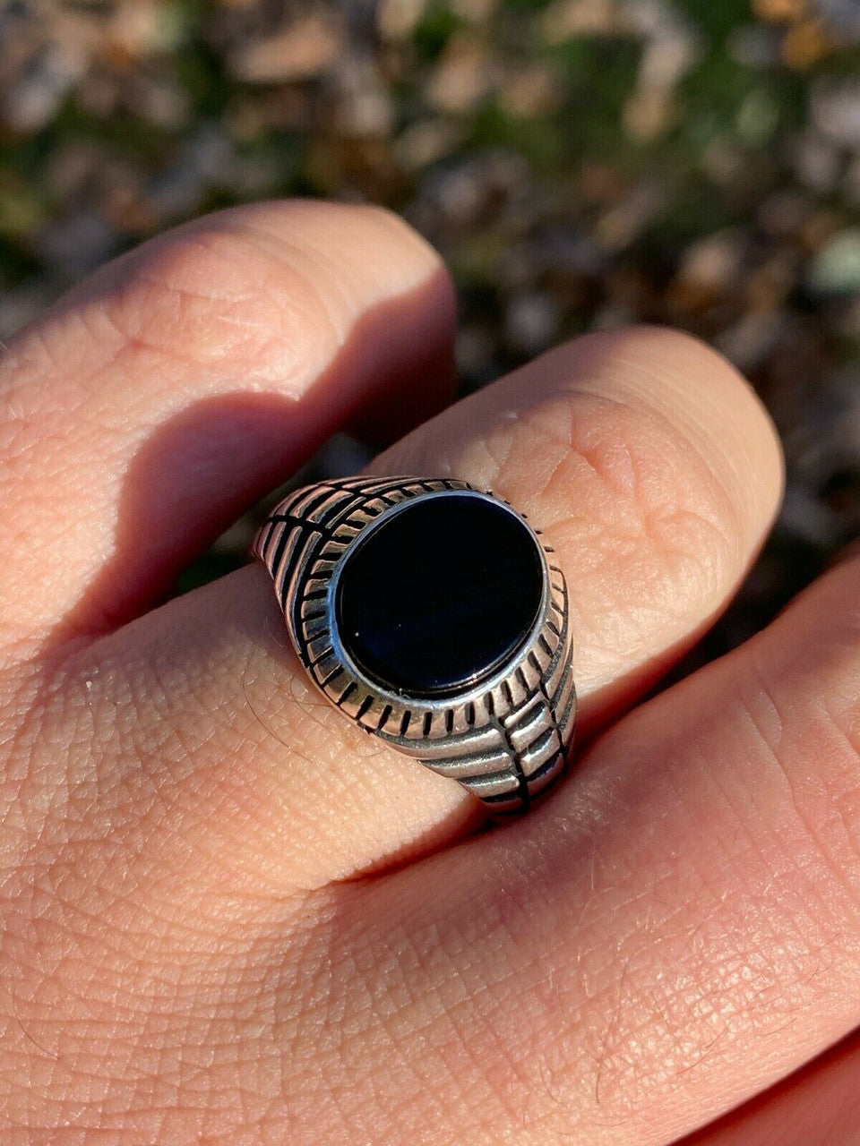 Mens Real Solid 925 Sterling Silver Black Onyx Signet Ring Round