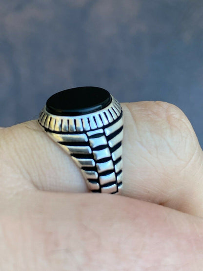 HarlemBling Mens Real Solid 925 Sterling Silver Black Onyx Signet Ring Round Pinky Sz 7-13