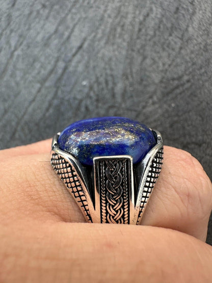 HarlemBling Mens Real Solid 925 Sterling Silver Blue Lapis Lazuli Gemstone Ring Sizes 6-13