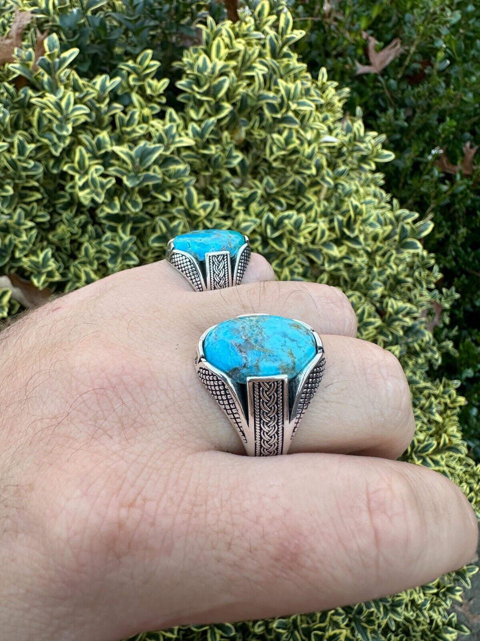 HarlemBling Mens Real Solid 925 Sterling Silver Blue Turquoise Natural Native Gemstone Ring