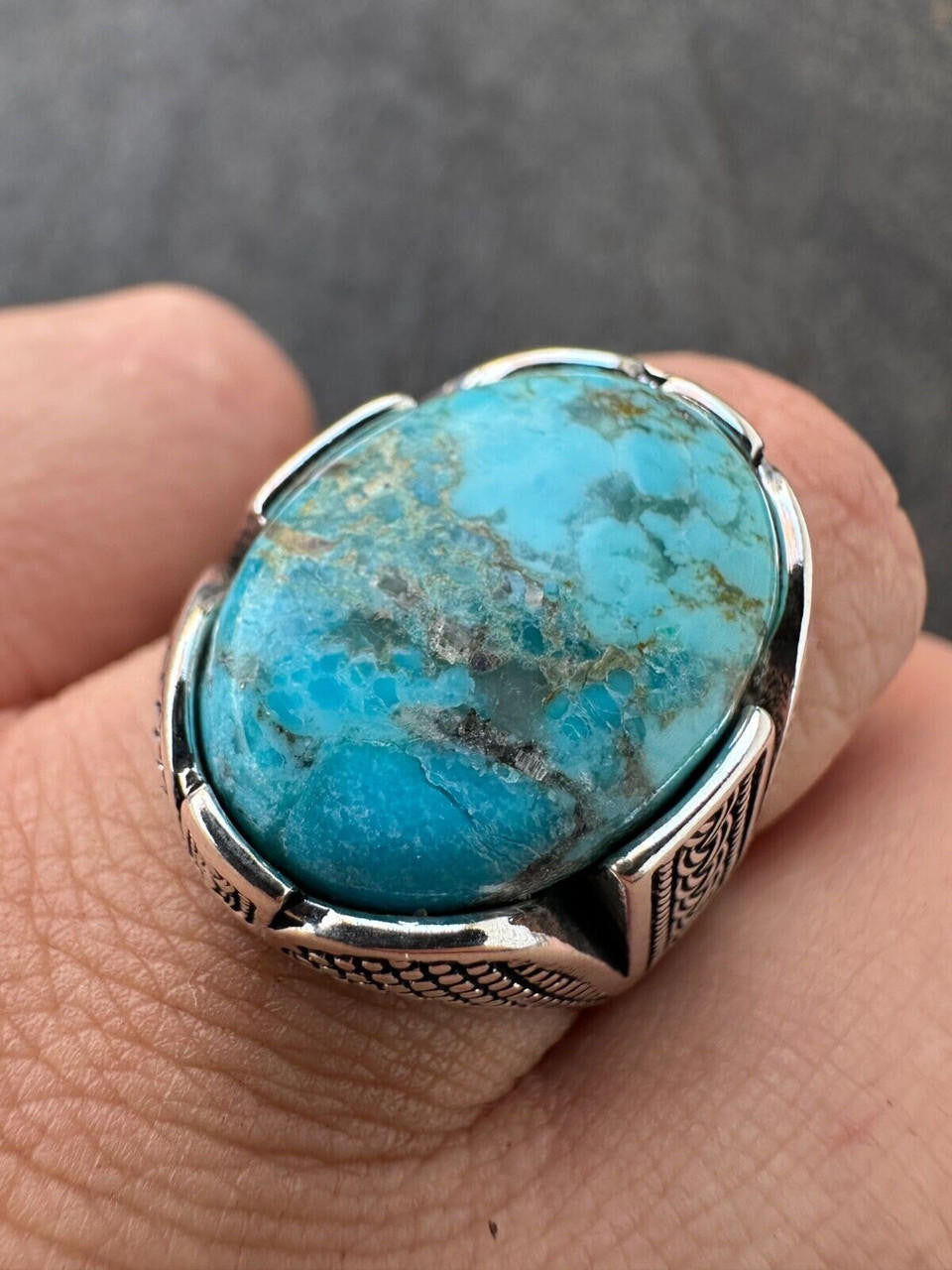 HarlemBling Mens Real Solid 925 Sterling Silver Blue Turquoise Natural Native Gemstone Ring