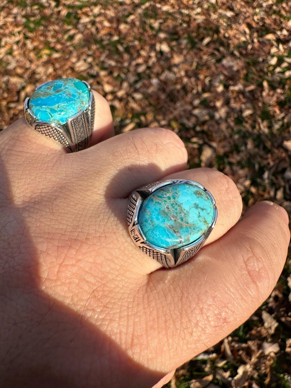 HarlemBling Mens Real Solid 925 Sterling Silver Blue Turquoise Natural Native Gemstone Ring