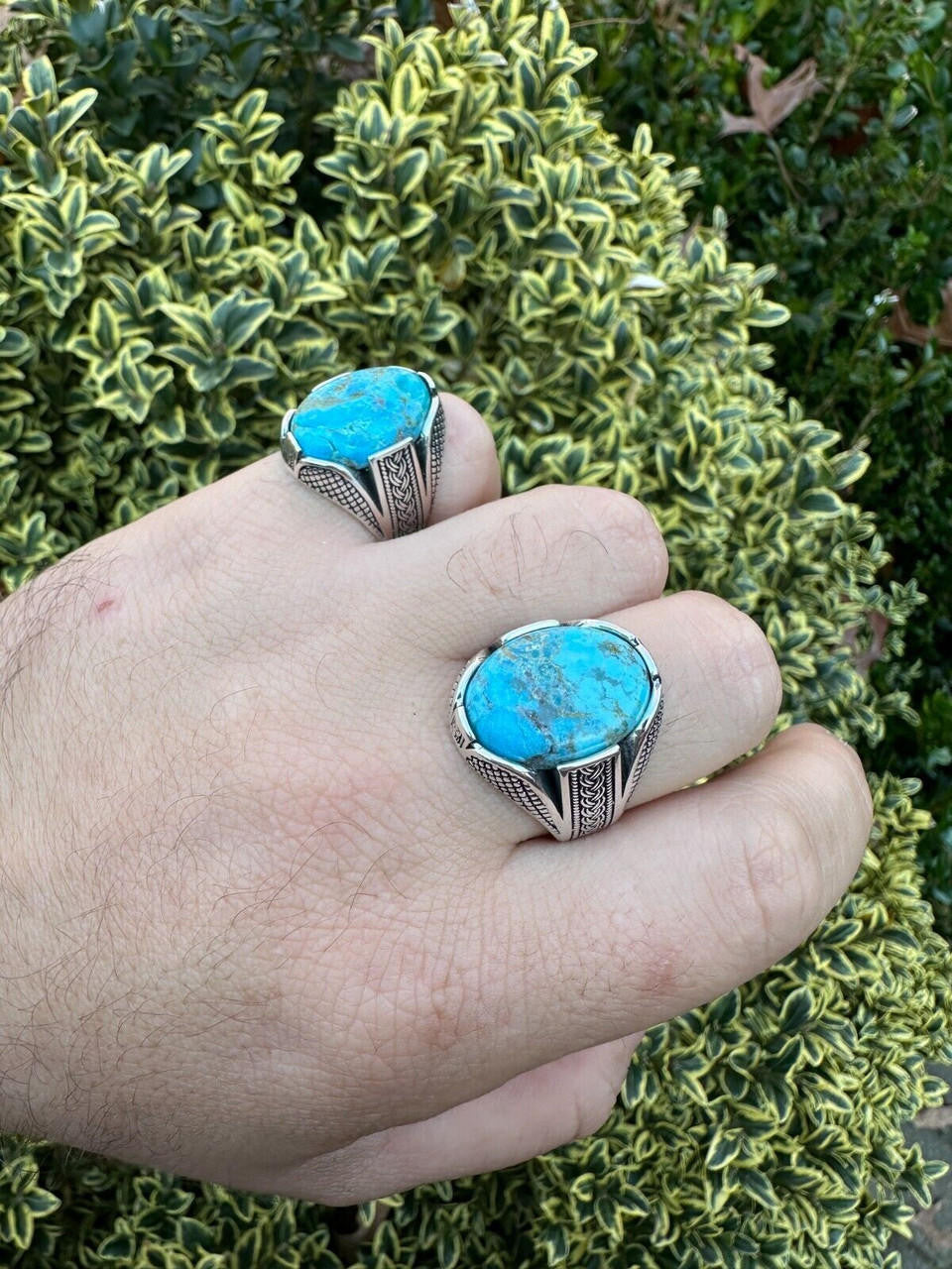 HarlemBling Mens Real Solid 925 Sterling Silver Blue Turquoise Natural Native Gemstone Ring