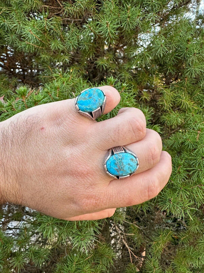 HarlemBling Mens Real Solid 925 Sterling Silver Blue Turquoise Natural Native Gemstone Ring