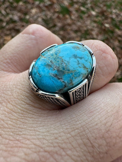 HarlemBling Mens Real Solid 925 Sterling Silver Blue Turquoise Natural Native Gemstone Ring