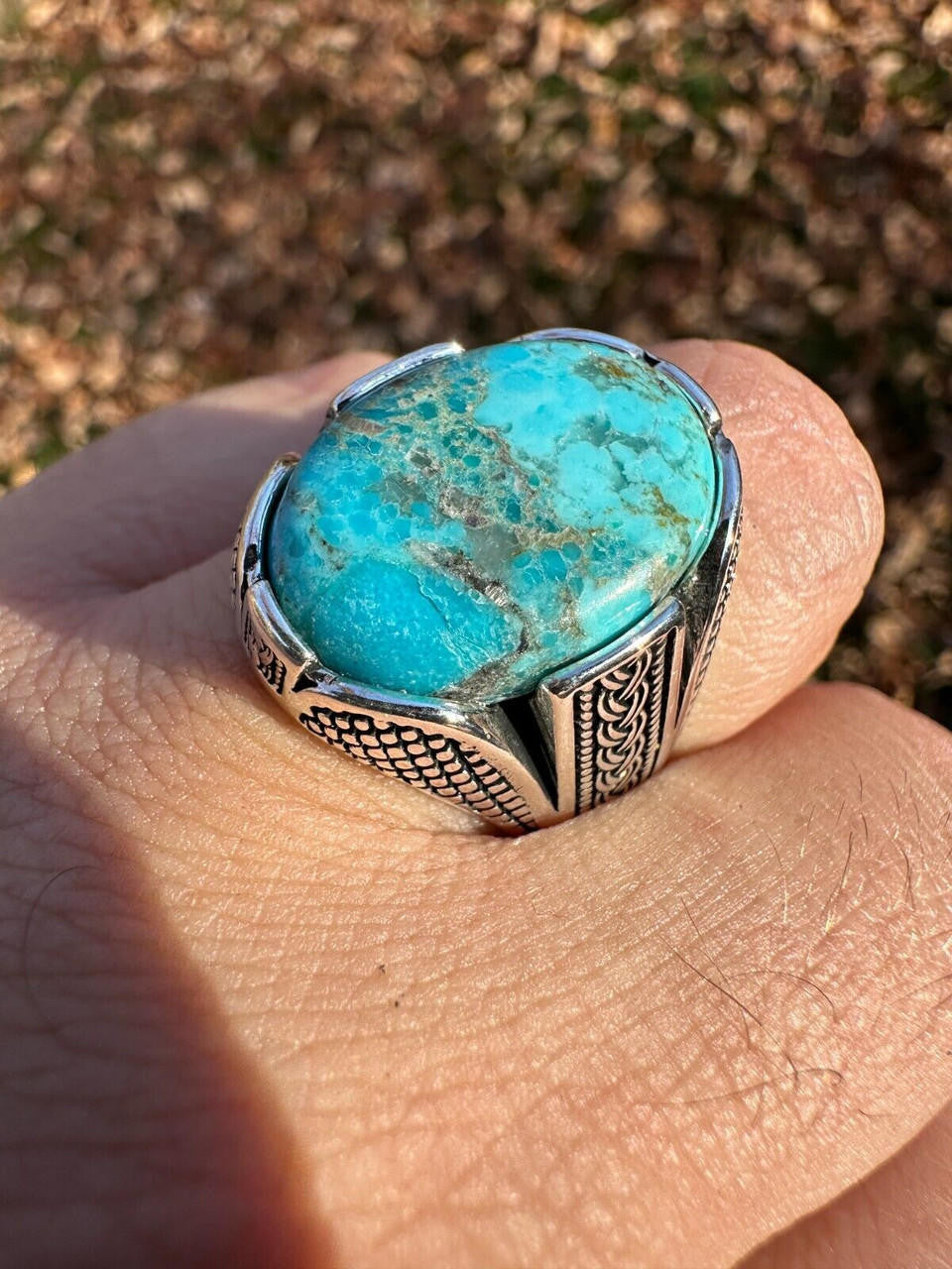 HarlemBling Mens Real Solid 925 Sterling Silver Blue Turquoise Natural Native Gemstone Ring