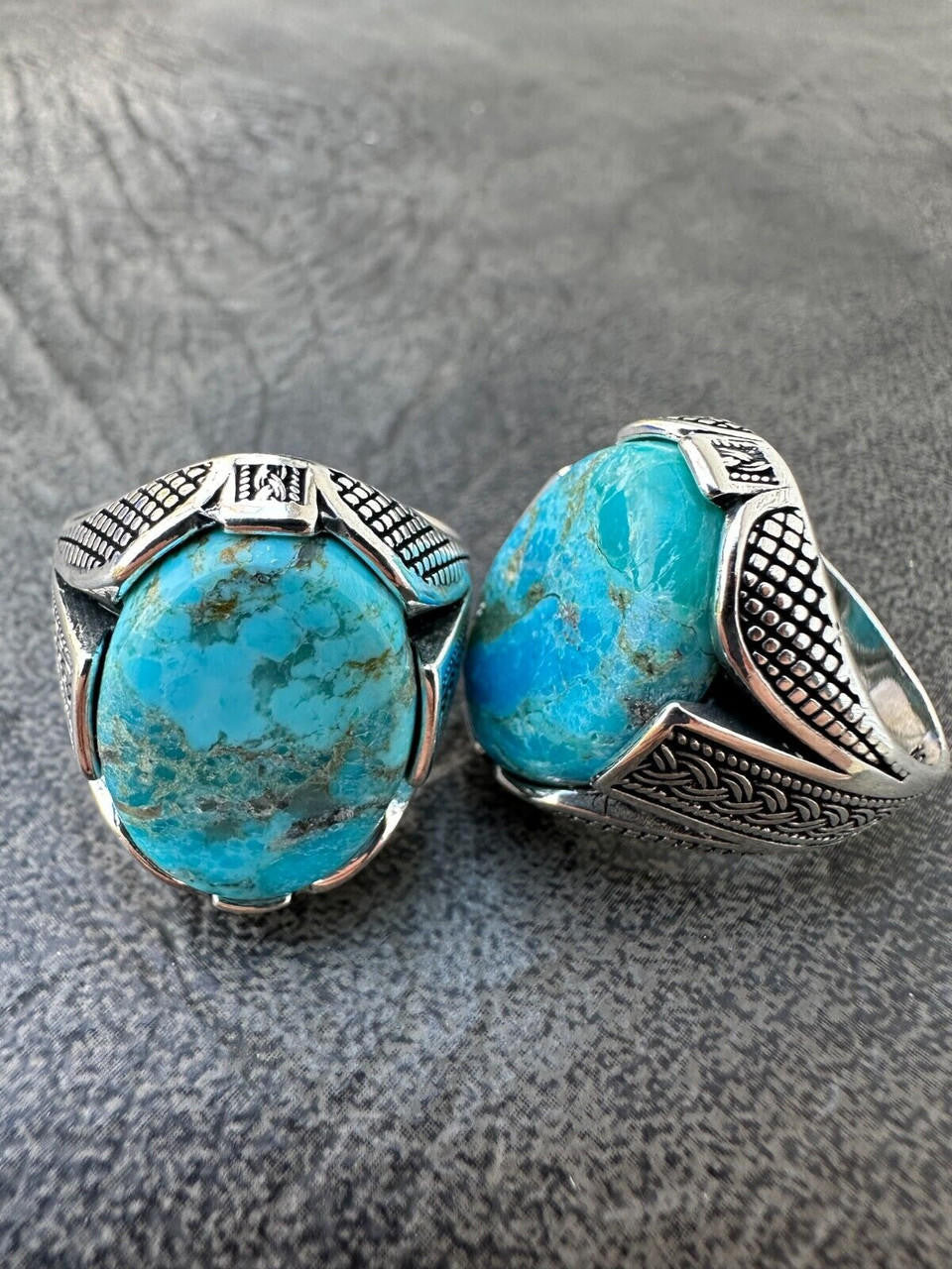 HarlemBling Mens Real Solid 925 Sterling Silver Blue Turquoise Natural Native Gemstone Ring