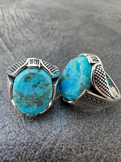 HarlemBling Mens Real Solid 925 Sterling Silver Blue Turquoise Natural Native Gemstone Ring