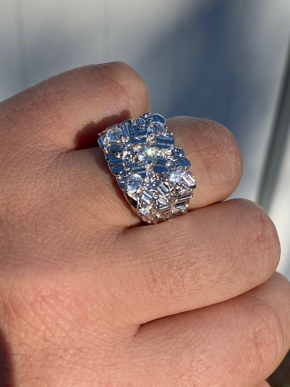 HarlemBling Mens REAL Solid 925 Sterling Silver Diamond Nugget Ring Sz 7-13 Hip Hop Ring ICY