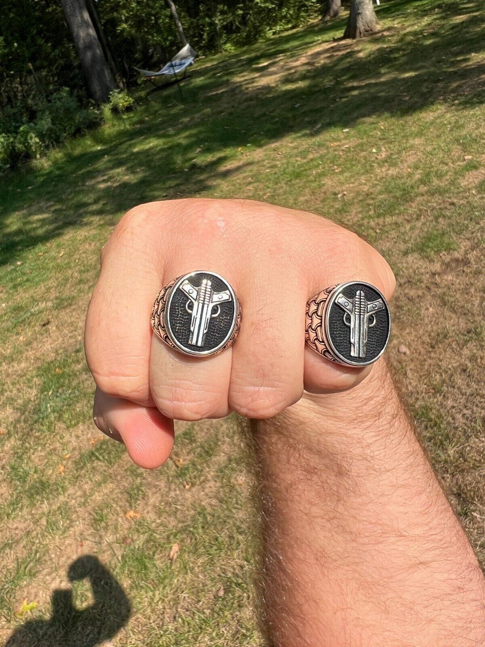 HarlemBling Mens Real Solid 925 Sterling Silver Double Guns Pistols Gangster Ring Size 7-13