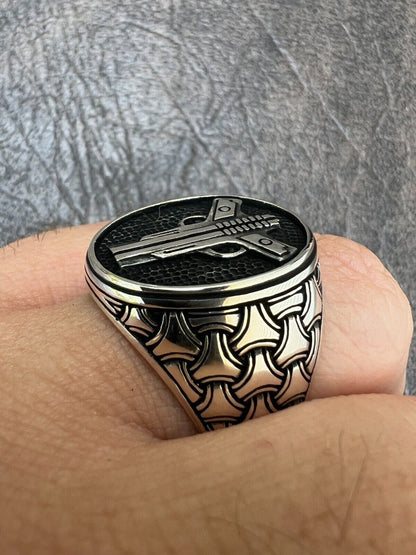 HarlemBling Mens Real Solid 925 Sterling Silver Double Guns Pistols Gangster Ring Size 7-13