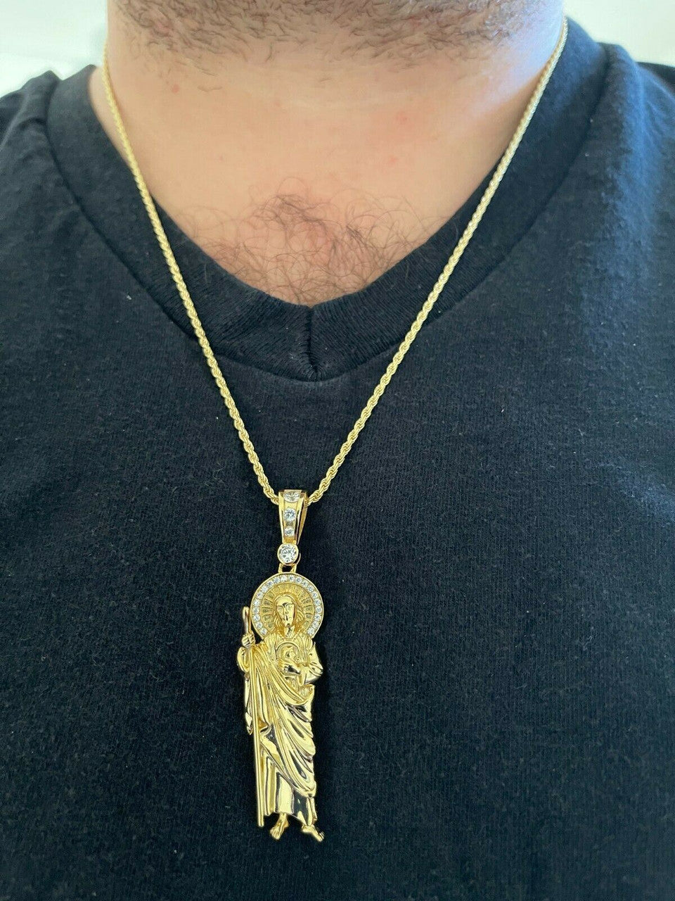 HarlemBling Mens Real Solid 925 Sterling Silver / Gold St Jude San Judas Tadeo Iced Pendant