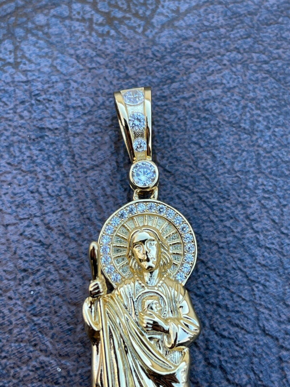 HarlemBling Mens Real Solid 925 Sterling Silver / Gold St Jude San Judas Tadeo Iced Pendant