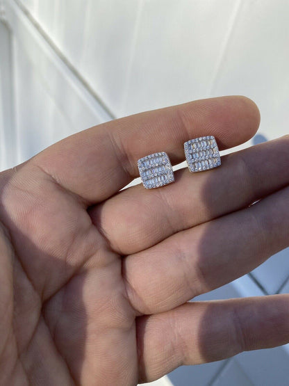 HarlemBling Mens Real Solid 925 Sterling Silver Iced Baguette CZ Earrings Studs 10mm Aretes