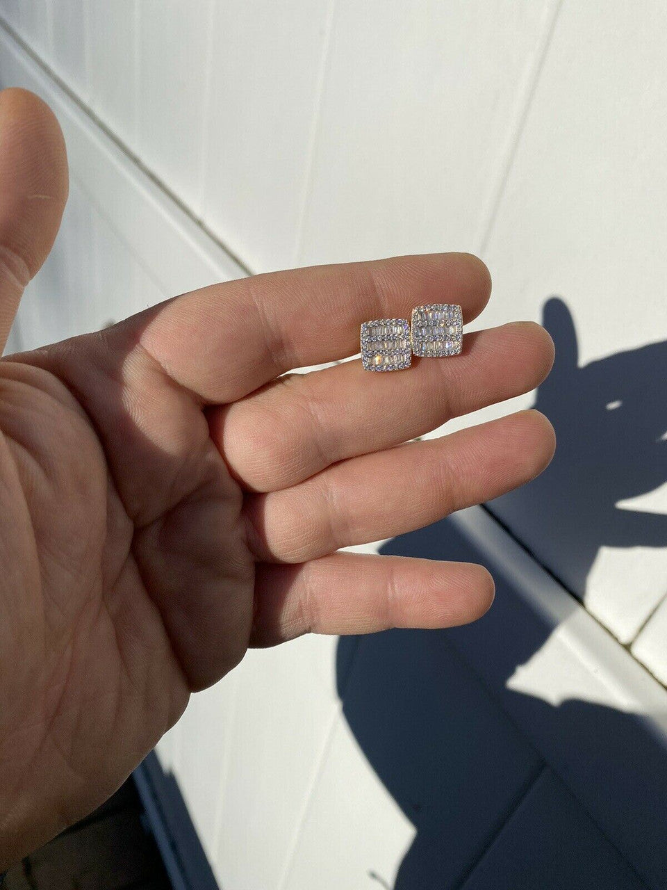 HarlemBling Mens Real Solid 925 Sterling Silver Iced Baguette CZ Earrings Studs 10mm Aretes