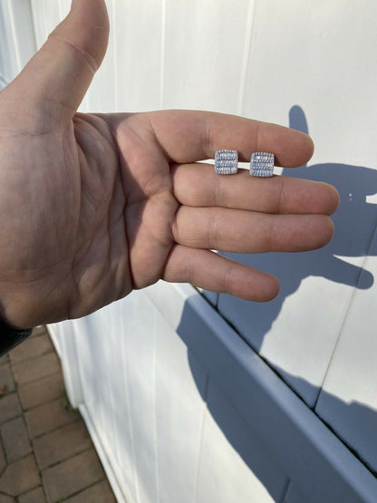 HarlemBling Mens Real Solid 925 Sterling Silver Iced Baguette CZ Earrings Studs 10mm Aretes