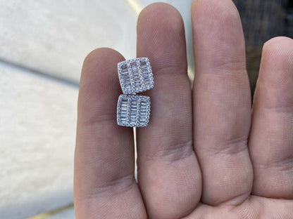 HarlemBling Mens Real Solid 925 Sterling Silver Iced Baguette CZ Earrings Studs 10mm Aretes