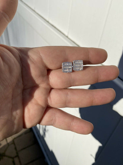 HarlemBling Mens Real Solid 925 Sterling Silver Iced Baguette CZ Earrings Studs 10mm Aretes