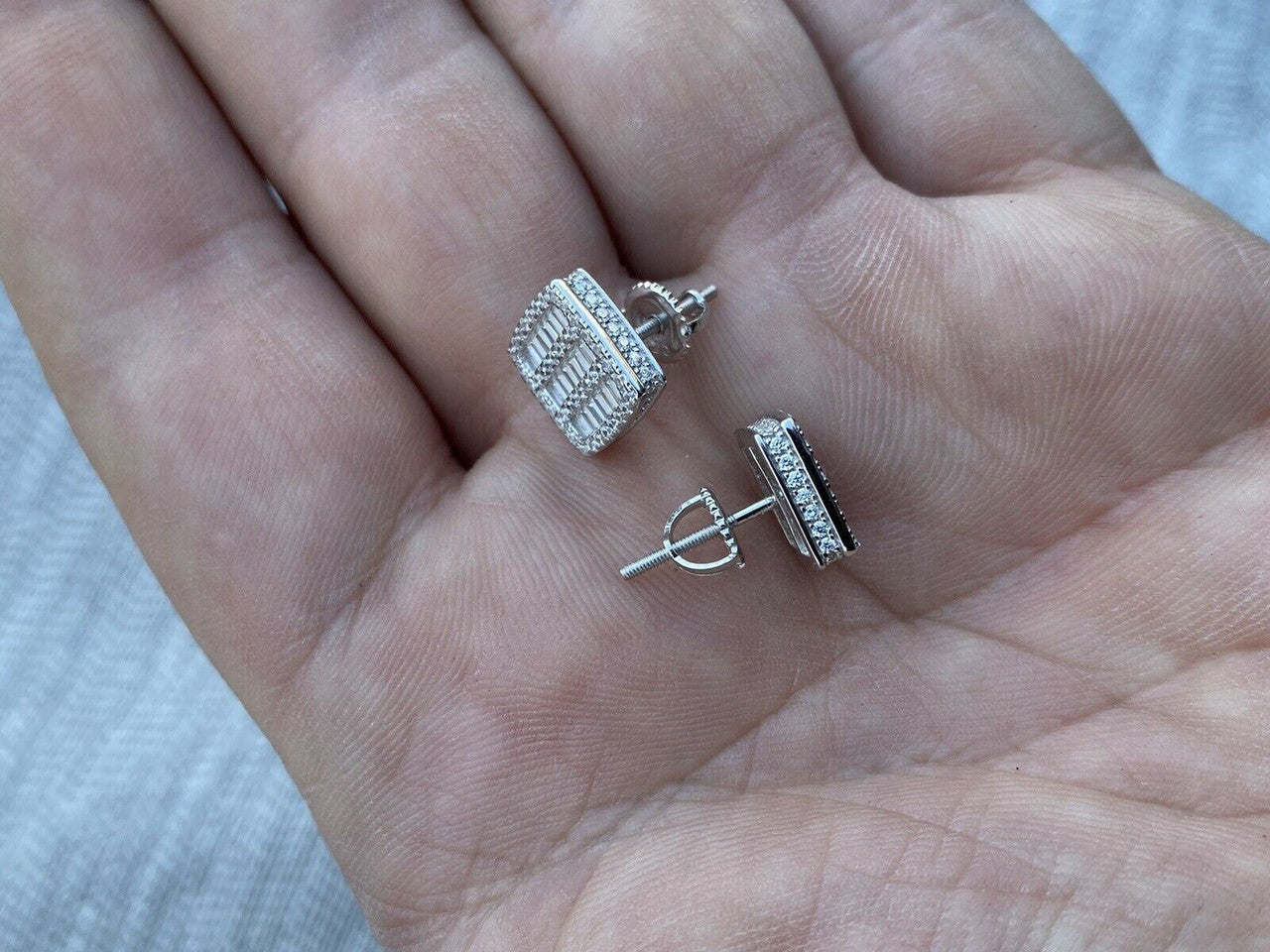 HarlemBling Mens Real Solid 925 Sterling Silver Iced Baguette CZ Earrings Studs 10mm Aretes