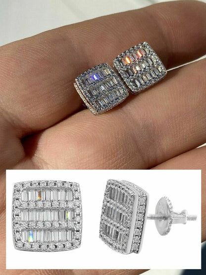 HarlemBling Mens Real Solid 925 Sterling Silver Iced Baguette CZ Earrings Studs 10mm Aretes