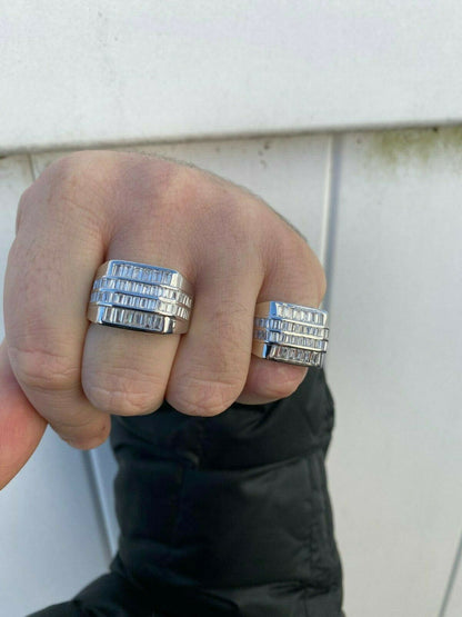 HarlemBling Mens REAL Solid 925 Sterling Silver Iced Baguette CZ Square Ring Pinky Or Signet