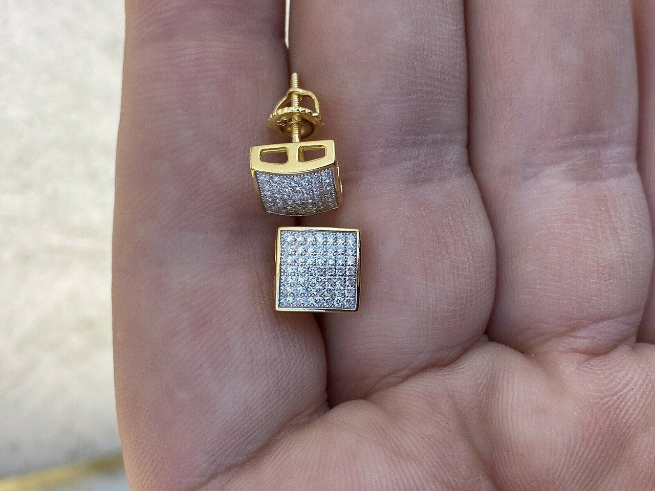 HarlemBling Mens Real Solid 925 Sterling Silver Iced Earrings Square Screw Back Studs Gold