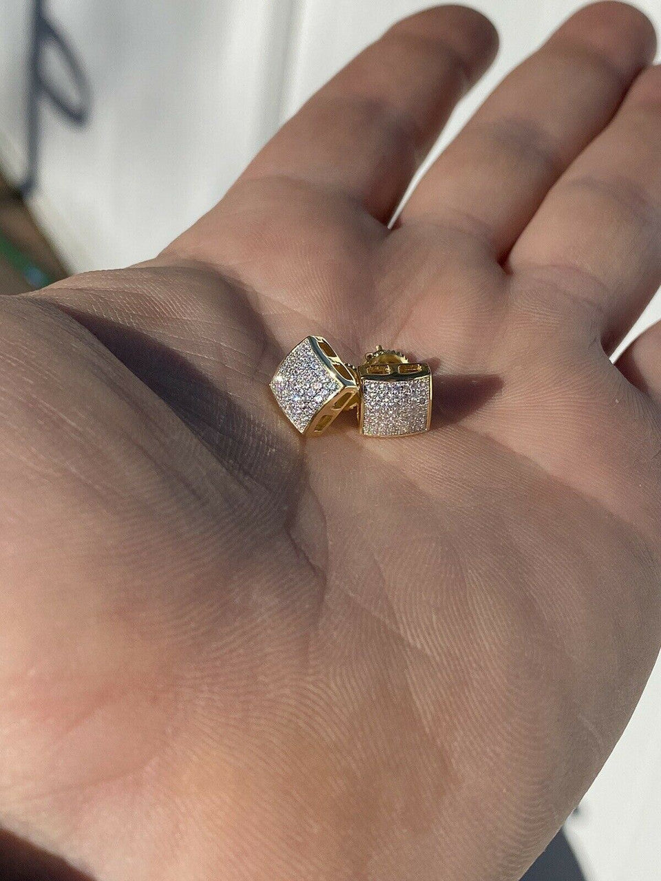 HarlemBling Mens Real Solid 925 Sterling Silver Iced Earrings Square Screw Back Studs Gold