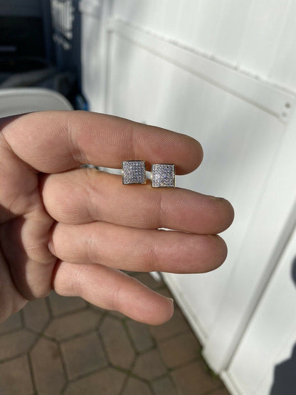 HarlemBling Mens Real Solid 925 Sterling Silver Iced Earrings Square Screw Back Studs Gold