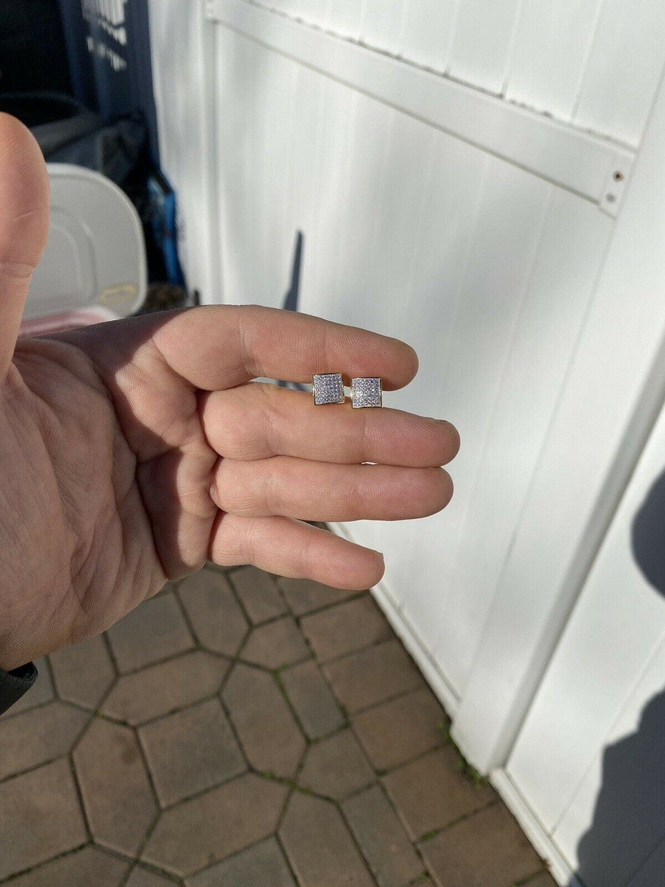 HarlemBling Mens Real Solid 925 Sterling Silver Iced Earrings Square Screw Back Studs Gold