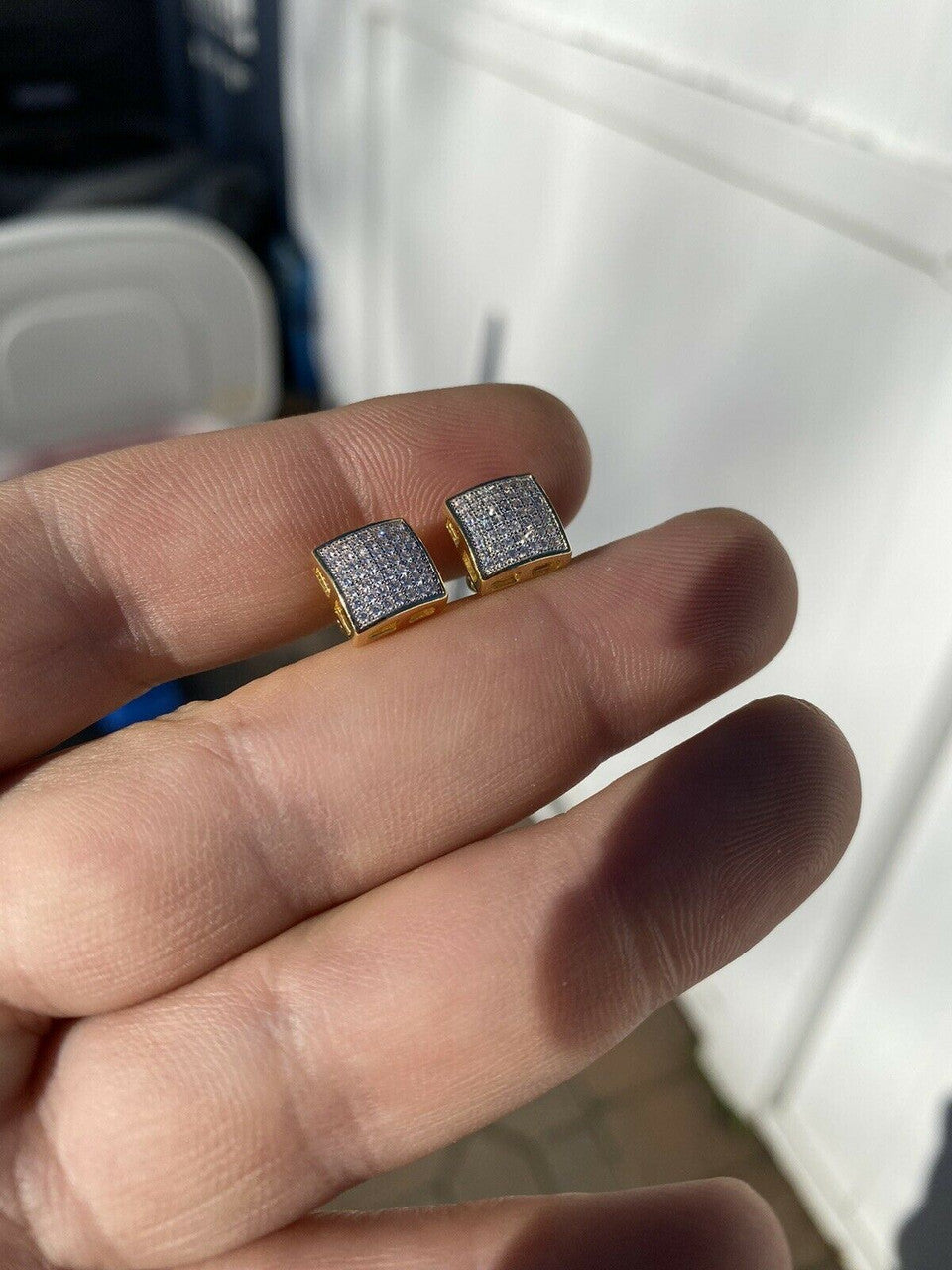 HarlemBling Mens Real Solid 925 Sterling Silver Iced Earrings Square Screw Back Studs Gold