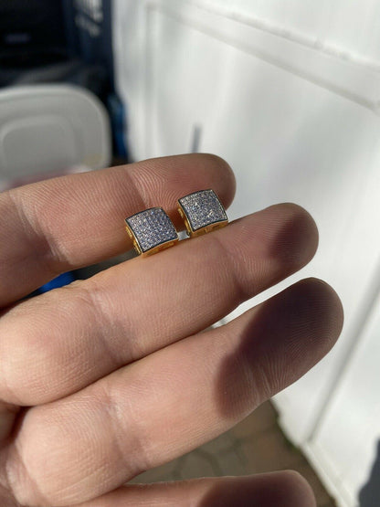 HarlemBling Mens Real Solid 925 Sterling Silver Iced Earrings Square Screw Back Studs Gold