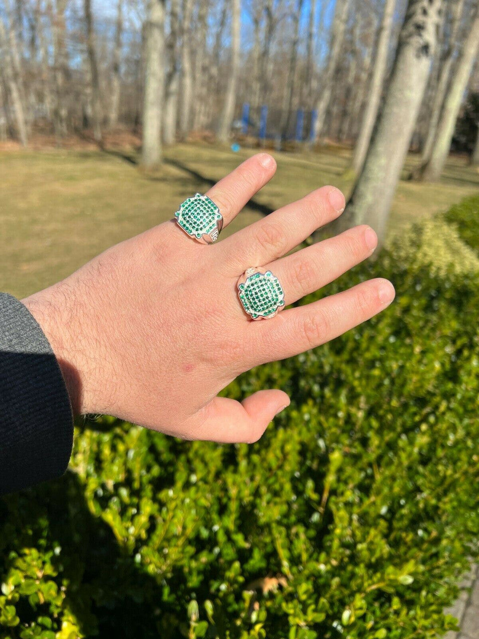 HarlemBling Mens Real Solid 925 Sterling Silver Iced Green Emerald Ring Hip Hop Pinky 7-13