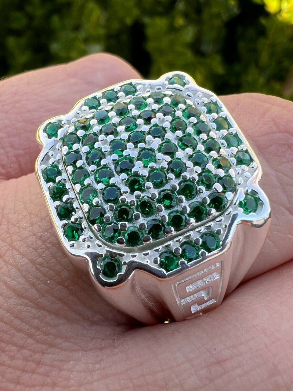 HarlemBling Mens Real Solid 925 Sterling Silver Iced Green Emerald Ring Hip Hop Pinky 7-13