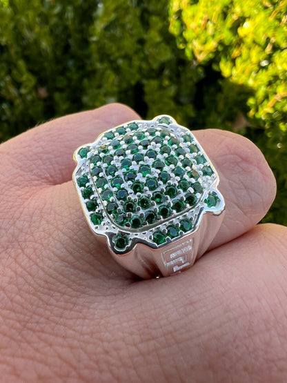 HarlemBling Mens Real Solid 925 Sterling Silver Iced Green Emerald Ring Hip Hop Pinky 7-13