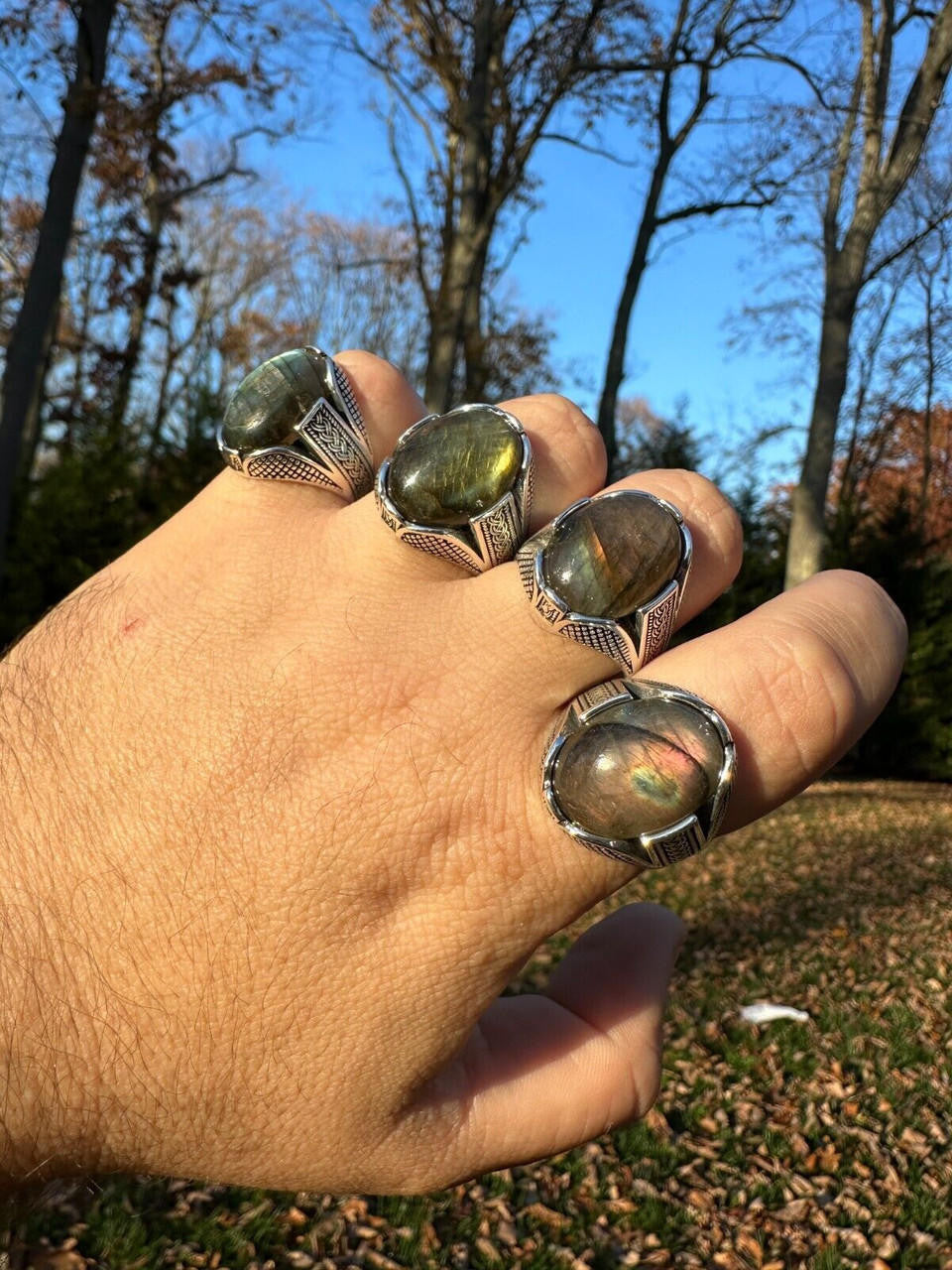 HarlemBling Mens Real Solid 925 Sterling Silver Labradorite Natural Gemstone Ring Sizes 6-13