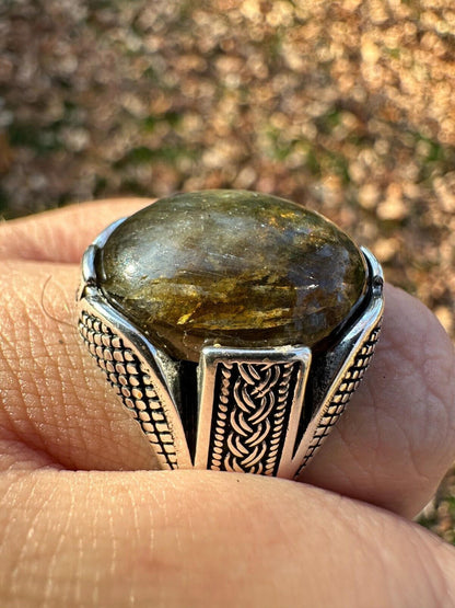 HarlemBling Mens Real Solid 925 Sterling Silver Labradorite Natural Gemstone Ring Sizes 6-13