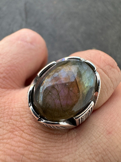 HarlemBling Mens Real Solid 925 Sterling Silver Labradorite Natural Gemstone Ring Sizes 6-13