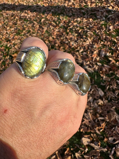 HarlemBling Mens Real Solid 925 Sterling Silver Labradorite Natural Gemstone Ring Sizes 6-13