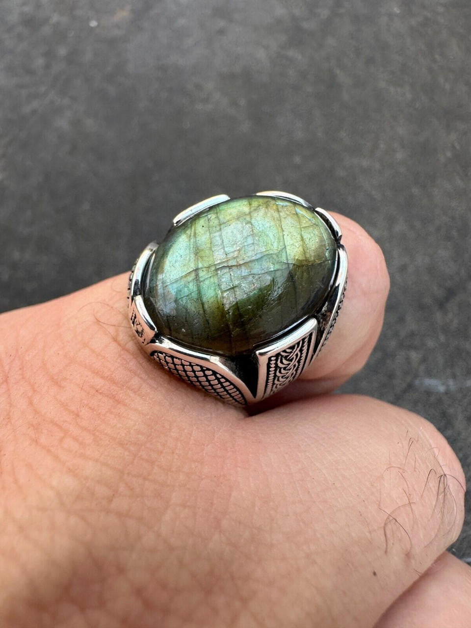 HarlemBling Mens Real Solid 925 Sterling Silver Labradorite Natural Gemstone Ring Sizes 6-13